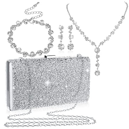 Mixweer 4 Pieces Clutch Purses Bag for Women Evening Rhinestone Jewelry Set Bling Necklace Earrings Bracelets Set for Wedding - style: Modern Style