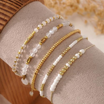 5Pcs Stack Gold Plated Ball Beaded Bracelets Set for Women, Boho Handmade Colorful Glass Pearl Stretch Accessories Jewelry, Summer Beach Daily Wear Holiday Friendship Gift - color: White Gold
