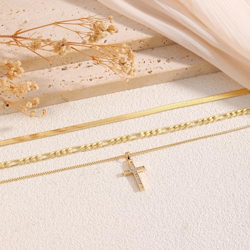 Gold Necklace for Women 14K Gold Plated Layered Cross Bar Necklace Herringbone Figaro Paperclip Flat Chain Cute Charm Accessories Non Tarnish Jewelry Set Gifts for Women - style: R-NK-07-CZ cross-GD