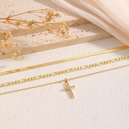 Gold Necklace for Women 14K Gold Plated Layered Cross Bar Necklace Herringbone Figaro Paperclip Flat Chain Cute Charm Accessories Non Tarnish Jewelry Set Gifts for Women - style: R-NK-07-CZ cross-GD