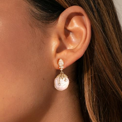 YOIHUR Drop Dangle Pearl Earrings for Women, Dainty 14K Gold Plated Pearl Hoop Earrings Hypoallergenic Wedding Pearls Dangle Earrings Jewelry Gift for Women Bridal - color: Gold-Pink Baroque Pearl Earrings