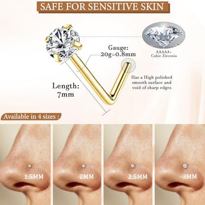 15PCS 14K Gold Plated Nose Rings Studs Set for New Piercing Beginners - color: 8pcs/L-shaped/20G/Gold