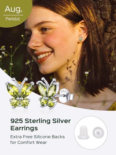 ChicSilver 925 Sterling Silver Bow/Butterfly Earrings for Women Hypoallergenic Birthstone Earrings Dainty Bow/Butterfly Jewelry Gift for Women - color: Butterfly-August-Peridot