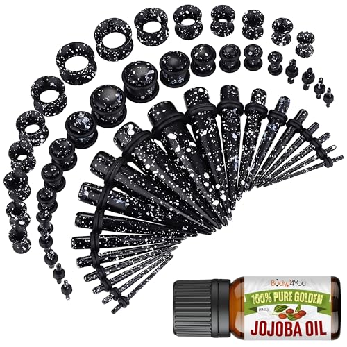 BodyJ4You 54PC Ear Stretching Kit 14G-12mm - Aftercare Jojoba Oil - Acrylic Plugs Gauge Tapers Silicone Tunnels - Lightweight Expanders Men Women - color: Black, White Splatter