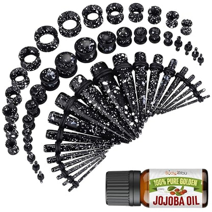 BodyJ4You 54PC Ear Stretching Kit 14G-12mm - Aftercare Jojoba Oil - Acrylic Plugs Gauge Tapers Silicone Tunnels - Lightweight Expanders Men Women - color: Black, White Splatter