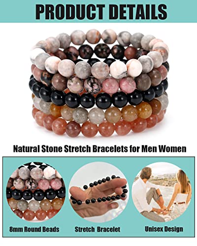 BOMAIL 5PCS Semi-Precious Gemstone Beaded Bracelet 8mm Round Beaded | Healing Crystal Stone, Stretch Bracelets, Unisex, Handmade,Elastic,Yoga Beads Bracelets,Jewelry Gift - color: C