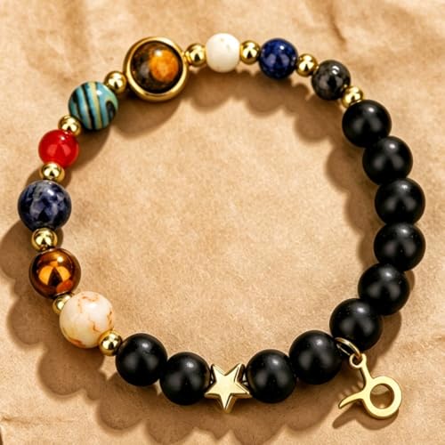 Solar System Planet Bead Zodiac Sign Stretch Bracelet for Men Women | Matte black beads with solar system planet stones, unisex design, perfect birthday holiday gift for men women - color: taurus