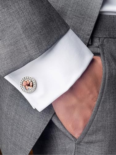FindChic Stainless Steel Round Cufflinks with Custom Text/Picture/Monogram Letters 18K Gold Plated/Black Color for Men Groom Suits Shirts, with Gift Box - style: 02. CZ custom photo-round (stainless steel)