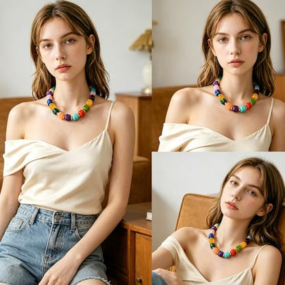 YUJIE Chunky Heart Pendant Necklace for Women- Exaggerated Statement Puff Heart Necklace with Acrylic Beaded Chain - color: A-rainbow suqare bead