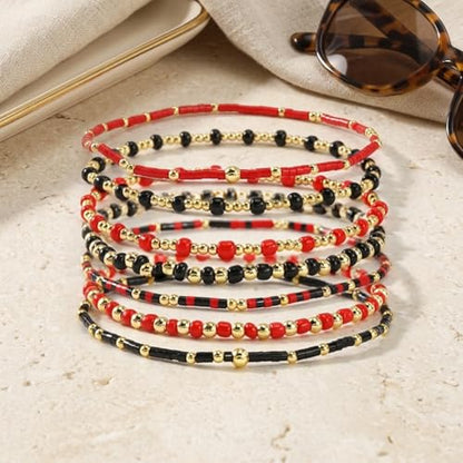 Colorful Stackable Rice Small Mini Seed Beaded Bracelets Set For Women, Handmade Dainty Boho Gold Glass Stretch Accessories Jewelry,Summer Beach Party Daily Friendship Gift - color: 8Pcs Black Red
