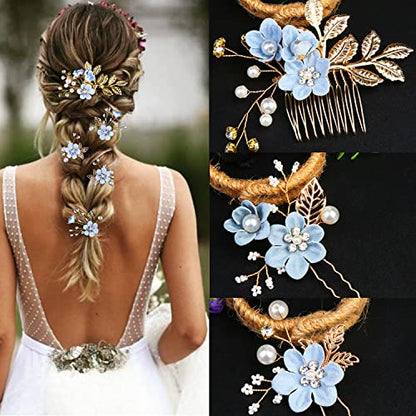 5 PCS Bridal Flower Wedding Hair Pins Crystal Pearl Hair Clips Headpiece Gold Wedding Hair Accessories Jewelry with Rhinestone for Brides Bridesmaids Women Girls Updo, Special Cream Blue - color: Exquisite Flower Leaves&Special Cream Blue