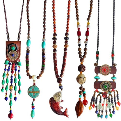Bohemian Beaded Necklace for Women Long Boho Pendant Wood Mala Beads Wooden Strand Tassel Stone Bohemian Necklaces for Women Jewelry - style: Artistic Ethnic Set
