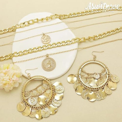 2 Pcs Layered Golden Pirate Necklace Earrings for Women Chunky Chain Layered Necklace Boho Gypsy Hoop Earrings Punk Grunge 80s 90s Coin Pendant Jewelry Halloween Pirate Costume Accessories - color: Polish Golden B