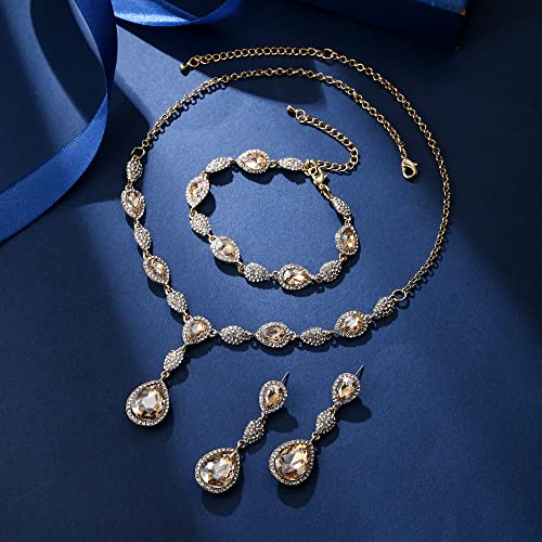 EleQueen Women's Wedding Bridal Jewelry Sets for Brides Bridesmaids, Cubic Zirconia Teardrop Necklace Tennis Bracelet Dangle Earrings Jewellery Set - color: 14-Brown Gold-Tone