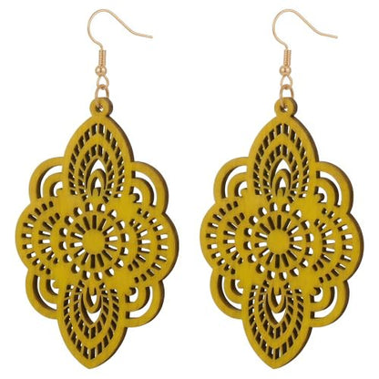 Boho Black Filigree Dangle Earrings for Women, Lightweight Hollow Lace Drop, Wood, 3.34" x 1.69", Bohemian Jewelry - color: Yellow