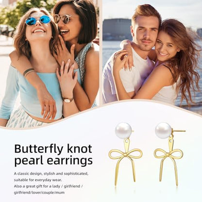 Gold Silver Pearl Earrings for Women - Hoop Earrings for Women Trendy 14K Gold Plated/Silver Twist Rope Bow Stud Bow Pearl Huggie Earring Hoops Pearls Dangle Cubic Zirconia Earring Jewelry Gift Womens - color: Gold bow