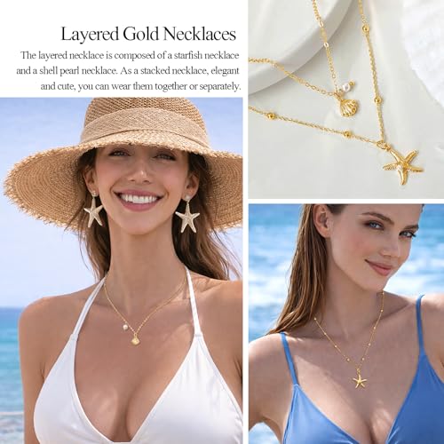 Zeffy Gold Pearl Necklace for Women, Dainty 14K Gold/Silve Plated Layered Pearl Choker Pearl Earrings Pearl Bracelets Wedding Trendy Gold Jewelry Set for Women Gifts - style: Gold Starfish Shell Necklace-2PCS