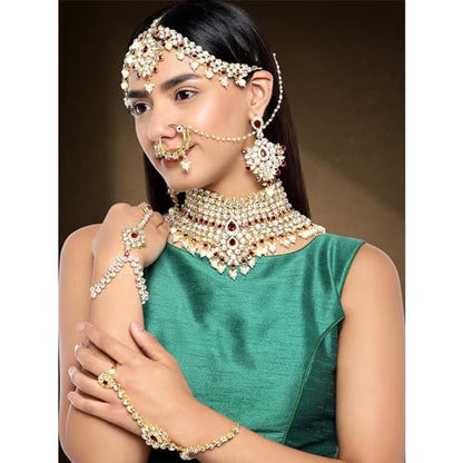 Aheli Bollywood Style Indian Bridal Choker Necklace Matha Patti Nose Ring Haath Phool Wedding Fashion Bharatanatyam jewellery set for Women - color: Maroon