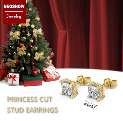Princess Cut Cubic Zirconia Stud Earrings for Men Women | Square CZ Simulated Diamond Studs, 18K White Gold Plated Sterling Silver, Hypoallergenic - color: Gold, size: 4MM