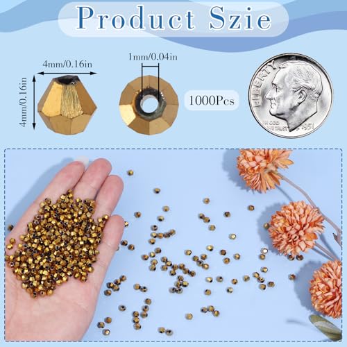 1000Pcs 4mm Faceted Crystal Glass Bicone Beads Loose Bead for DIY Bracelet Necklace Earring Keychain Jewelry Making,Gold - color: Gold