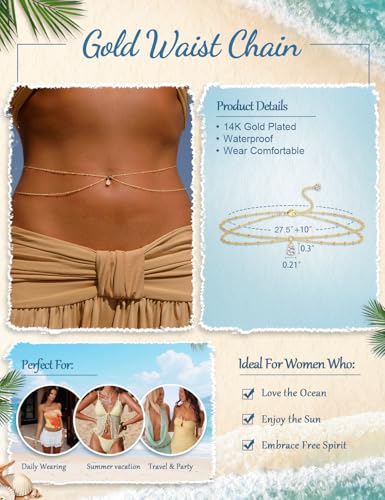 Gold Layered Waist Chain for Women, Adjustable Belly Chain | Adjustable layered waist chain for beach days, summer outfits, festivals, vacations, parties, and daily styling - style: Gold Style 5