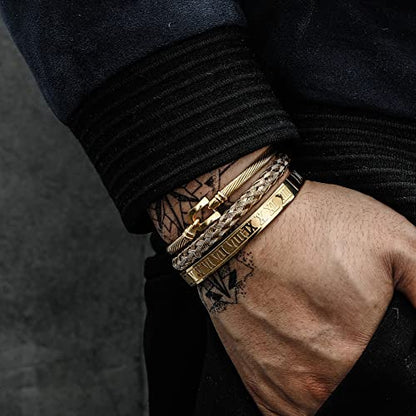 WFYOU 3PCS Stainless Steel Imperial Crown Bracelets for Men Gold Roman Numeral Bangle Bracelet Adjustable Cuff Bracelet Mens Luxury Jewelry Gifts - style: 07:Gold-Hook