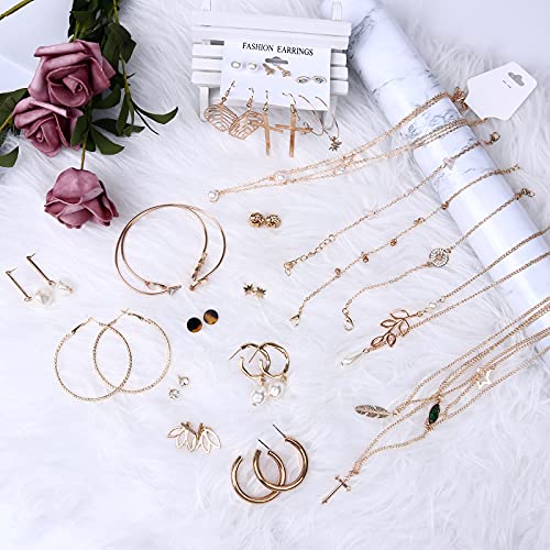 AROIC 38-52PCS Jewelry Set with Necklace Bracelet Layered Ball Dangle Hoop Stud Earrings for Women Jewelry Fashion and Valentine Birthday Party Gift