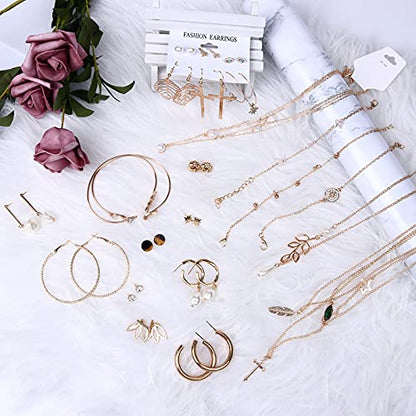 AROIC 38-52PCS Jewelry Set with Necklace Bracelet Layered Ball Dangle Hoop Stud Earrings for Women Jewelry Fashion and Valentine Birthday Party Gift