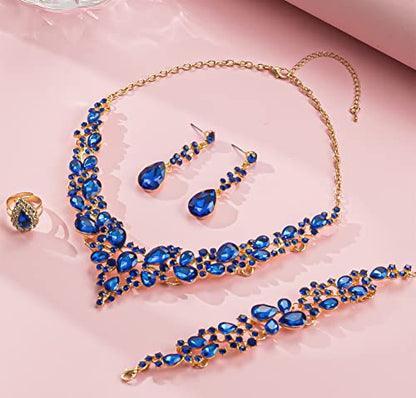 Paxuan Crystal Bridal Wedding Jewelry Sets for Women Rhinestone Teardrop Crystal Statement Choker Necklace Drop Earrings Link Bracelets Rings Teardrop Jewelry Set for Brides Bridesmaids - color: Blue