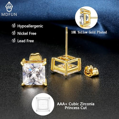 MDFUN 5 Pairs Square Earrings Set for Women Hypoallergenic 18K White Gold/Yellow Gold/Rose Gold Plated Princess Cut Clear Cubic Zirconia Stud Earring 3-7MM Pack of 5 - color: Yellow Gold