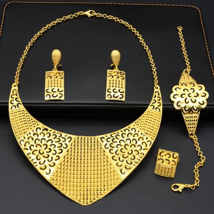 indian Women Jewelry Necklace Set african Dubai Bride Wedding Prom Fashion Jewelry 24K Gold Plated Necklace Bangles Rings Earrings - color: S-350