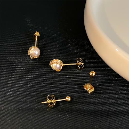 Pearl Earrings for Women 14k Gold/Silver Pearl Drop Earrings Long White Pearl Tassel Dangle Statement Earrings Bridal Wedding Dainty Prom Earrings Birthday Gifts Jewelry - color: Gold Caged Pearl+Ball Stud Earrings