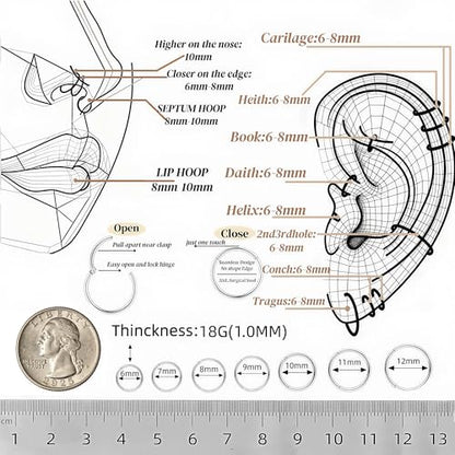 14Pcs 6/7/8/9/10/11/12MM Surgical Steel Hinged Nose Rings Hoop Set, Hypoallergenic Small Hoops Set for Cartilage Helix Lip Tragus Septum Nipple Multiple Hole.QEIFC Silver Piercing Body Jewelry Kit - size: 14Pcs-18G-Silver