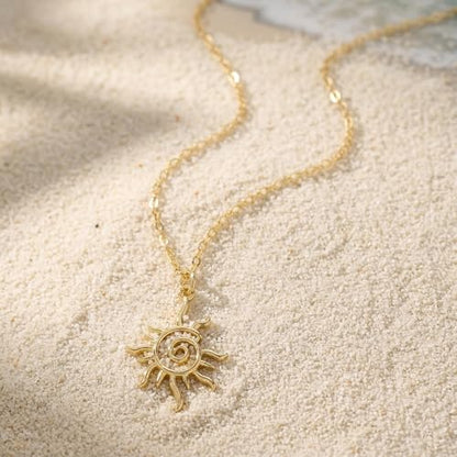 Gold Silver Pendant Necklace for Women, Dainty CZ Jewelry Gift | 14K Gold Silver Plated, Cubic Zirconia Pearl Charm, Trendy Layered Necklace, Adjustable Chain, Waterproof, Hypoallergenic - color: Gold-Spiral Sun