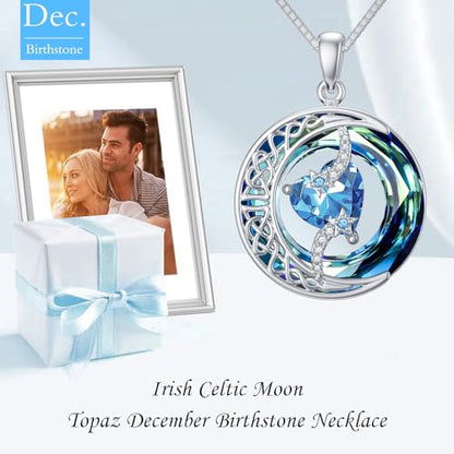 TOUPOP Birthstone Necklace Women Sterling Silver Moon Star Birthday Jewelry | Celtic Moon Pendant with Blue Crystal Anniversary Christmas Jewelry Gifts for Wife Mom Her - color: A-12-Topaz