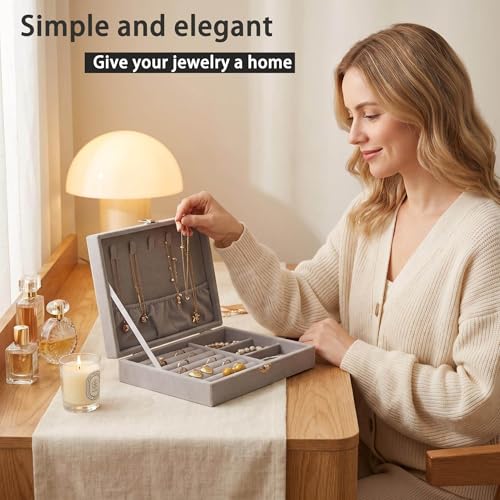 Jewelry Box for Women & Girls & Men Small Velvet Jewelry Organizer and Storage Case for Earring Ring Necklace (Gray)