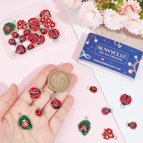 SUNNYCLUE 32PCS 8 STYLES Ladybug Charms Bulk Insect Charm Enamel Lucky Red Ladybird Ladybugs Insect Leaf Beetles Animals Charm Bulk for Jewelry Making Charms Earrings Necklace Bracelets Diy Crafts