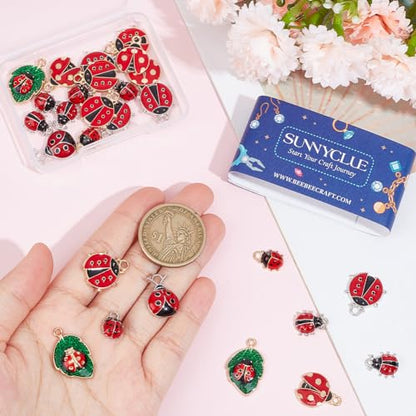 SUNNYCLUE 32PCS 8 STYLES Ladybug Charms Bulk Insect Charm Enamel Lucky Red Ladybird Ladybugs Insect Leaf Beetles Animals Charm Bulk for Jewelry Making Charms Earrings Necklace Bracelets Diy Crafts