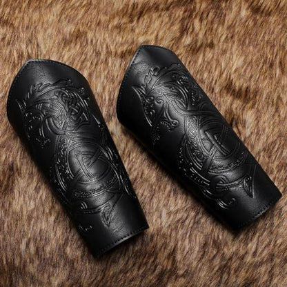 Medieval Leather Bracers Dragon Embossed Viking Leather Bracers Leather Arm Armer Cuff Leather Gauntlet Costumes Accessories - style: Dragon Leather Bracers-black