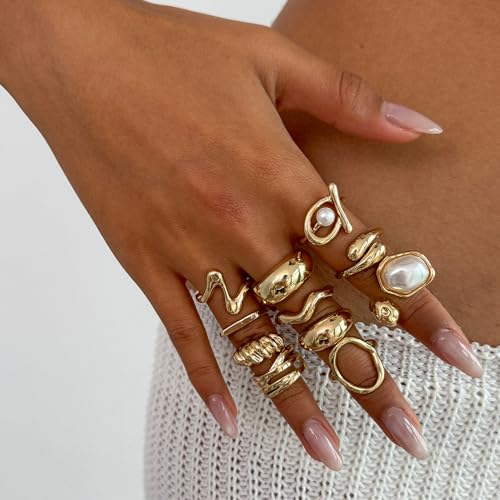 Gold Rings for Women Non Tarnish Boho Stackable Adjustable Open Rings Set Finger Knuckle Stacking Ring Packs Jewelry Gift - color: Gold Pearl Rings 11Pcs