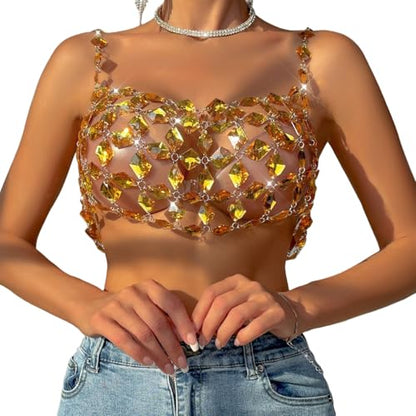Rhinestones Body Chain Suit Silver Crystal Bikini Bra Underwear Sexy Sparkly Party Body Jewelry Accessories for Women - color: Gold