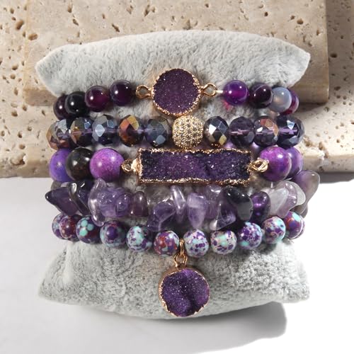 Yomisa 5PCS 6PCS Natural Boho Beaded Bracelets/Bangle for Women Men,Healing Turquoise Jasper Agate Crystal Gemstone Stone Chakra Multilayer Wrap Bohemian Handmade Jewelry Beads Stretch Bracelet Set - color: 5PCS-Purple