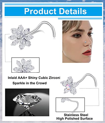 9Pcs Nose Rings Stud L Bone Screw Shaped Nose Ring Flower CZ Snowflake Butterfly Screw Nose Stud Body Piercing Jewelry for Women Men 20G Silver Gold Rose Gold Tone - color: E:Silver Tone&Screw Shaped