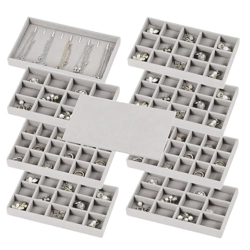 Set of 8 Stackable Jewelry Organizer Trays with 1 Lid for Drawer & Dresser Organizer, Adjustable Velvet Jewelry Box Tray Earring Organizer Necklace Storage Ring Bracelet Display Case (Gray) - color: Gray