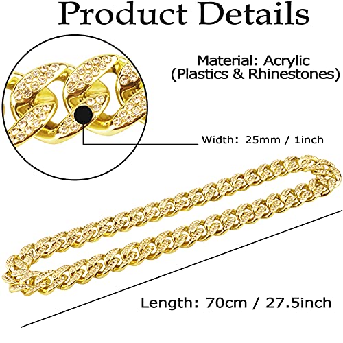 Plastic Shiny CZ Rhinestone Curb Cuban Link Chain Gold Silver Miami Hip Hop Chain Bling Diamond-Cut Chunky Turnover Necklace 80s 90s Costume Accessory for Men Women Unisex - color: Gold