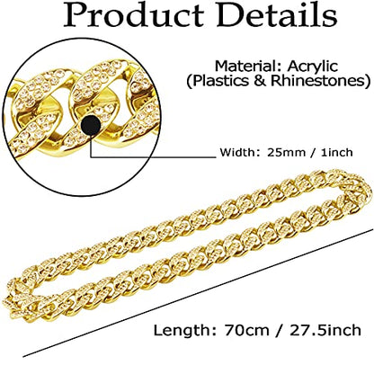 Plastic Shiny CZ Rhinestone Curb Cuban Link Chain Gold Silver Miami Hip Hop Chain Bling Diamond-Cut Chunky Turnover Necklace 80s 90s Costume Accessory for Men Women Unisex - color: Gold