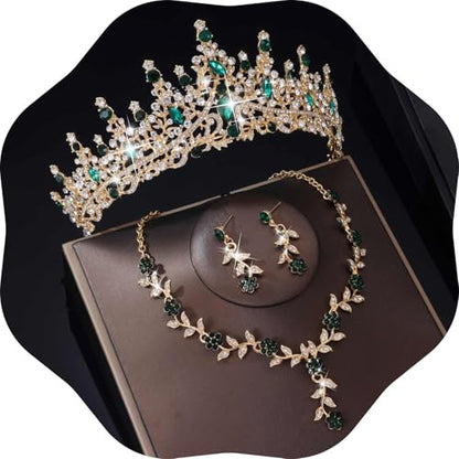 Kamirola Tiaras and Crowns for Women,Tiaras Earrings Necklace, Crystal Bridal Jewelry Set (TR48) - color: Gold Green