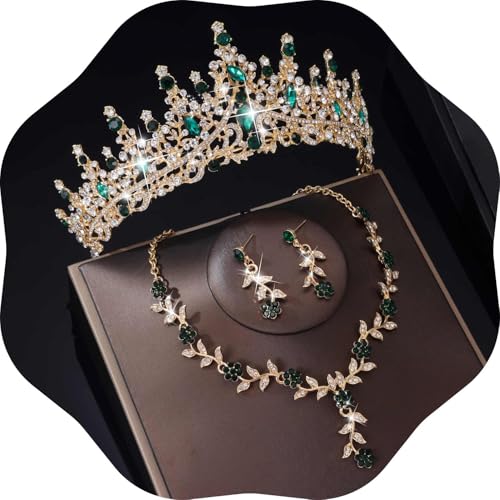 Kamirola Tiaras and Crowns for Women,Tiaras Earrings Necklace, Crystal Bridal Jewelry Set (TR48) - color: Gold Green