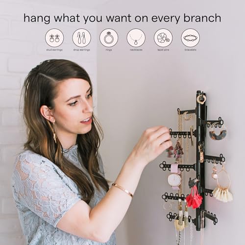 12-Tier Hanging Wall Jewelry Organizer, Earring,Necklace,Ring Holder-Black | Large Capacity with 120 Earring Holes, Rotating Branches, genuine 3M Command Strips, Bracelet, Ring & Necklace Storage - color: Black 12-Tier