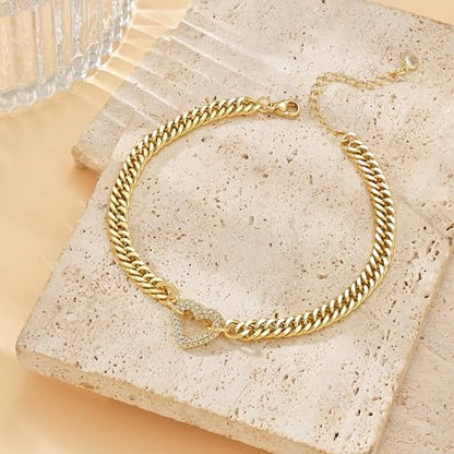 Moodear Gold Ankle Bracelets for Women Waterproof,14K Gold Plated Anklets | Waterproof, Non Tarnish Cuban Link Anklets, Trendy Jewelry Accessories for Summer Vacation, Beach Gifts for Women - style: Cuban CZ Heart